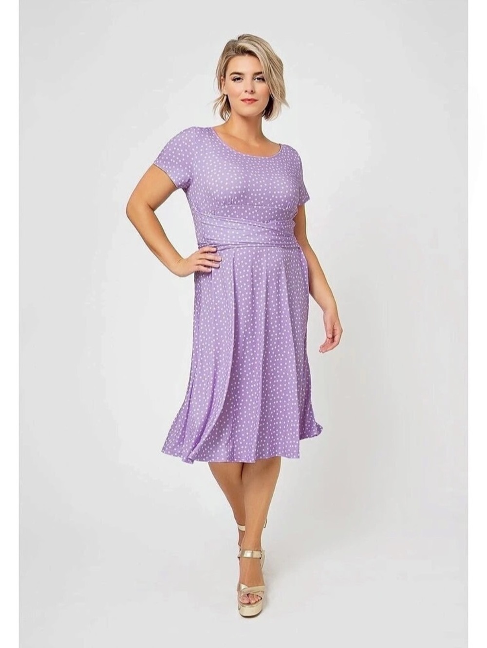 Leota Ladies Short Sleeve Confetti Dot Dress Midi Dress Purple & White 3X
